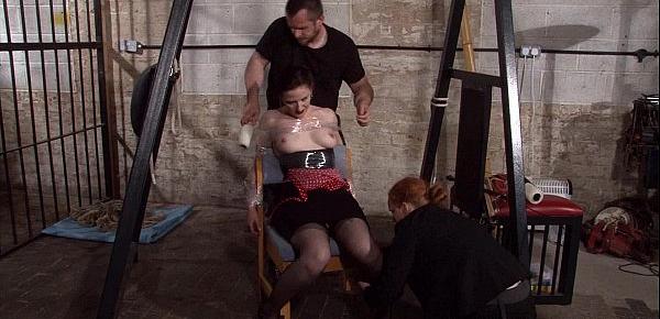  Submissive Caroline Pierces spanking and double domination of plastic tied bonda